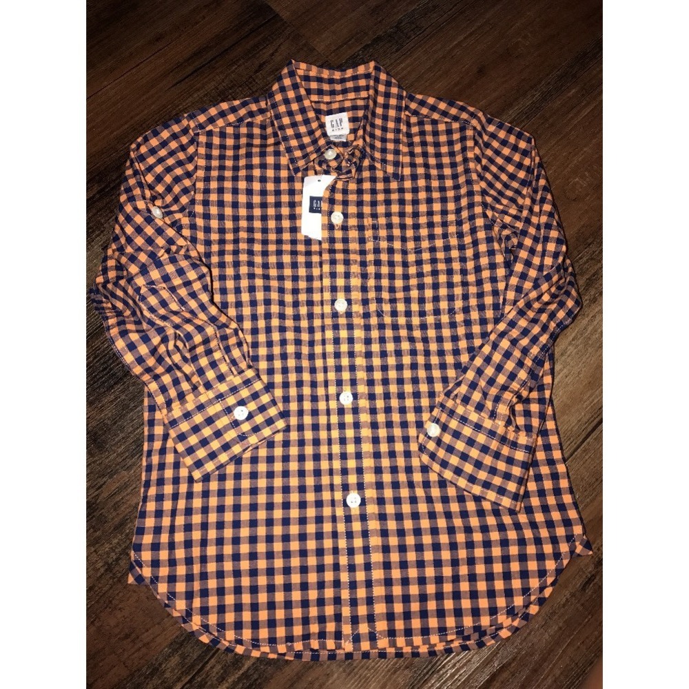 Gap Kids Xs 4-5 Button Down Checked Shirt Orange Navy Fall Long Sleeve